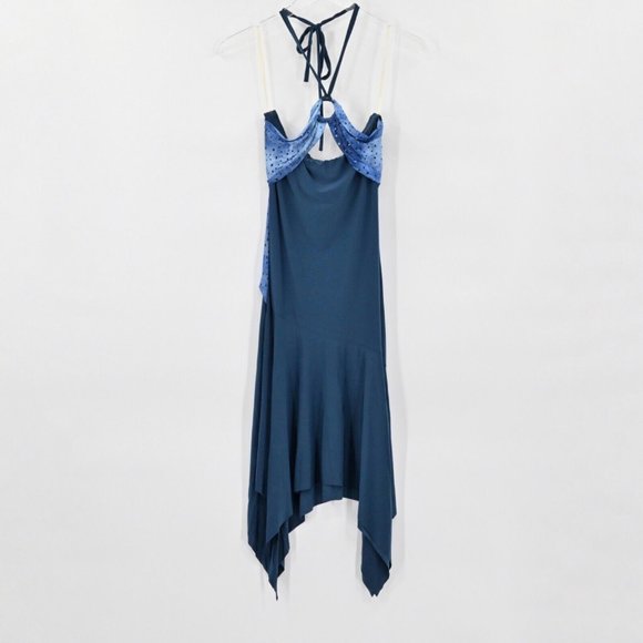 Vintage Y2K COME COMO Womens Blue Halter Strap Dress Metallic Asymmetric Size M - Picture 2 of 9